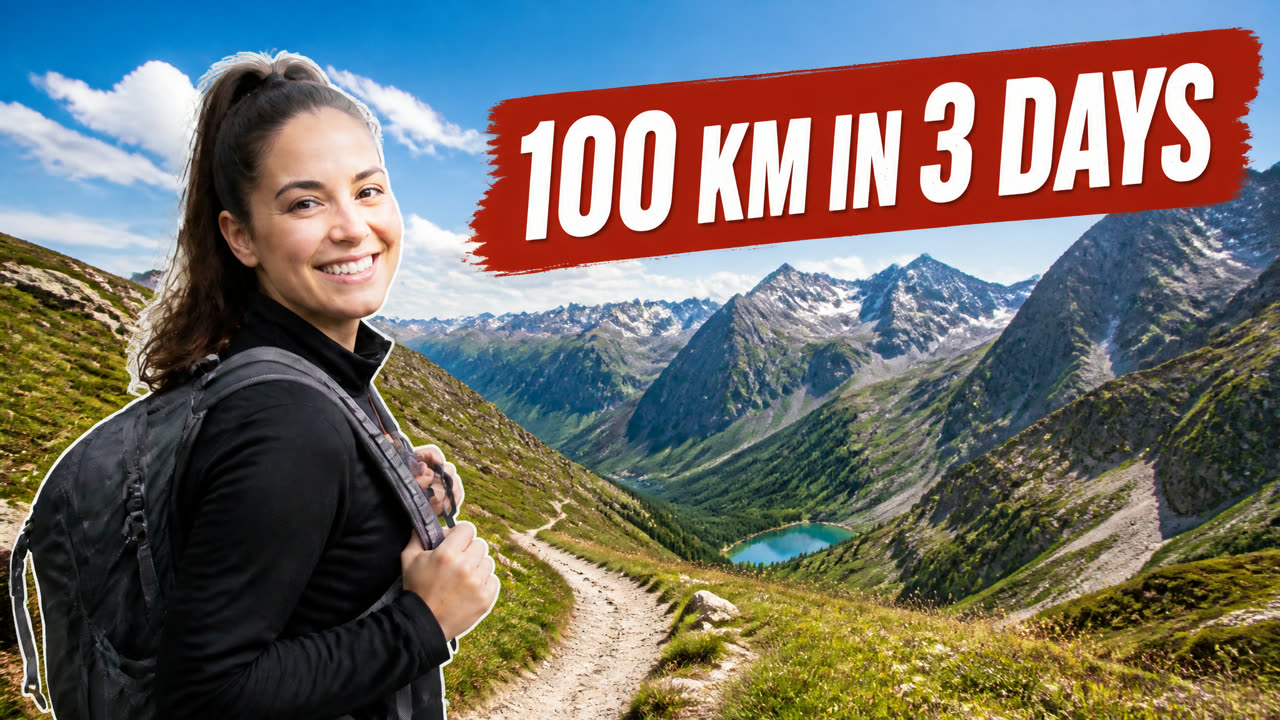 Version 1 · text “100 KM IN 3 DAYS”, topic “a solo hiking trip across the Alps”